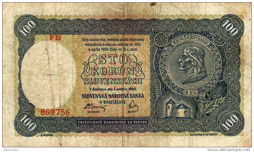 SLOVAKIA 100 KORUN 1940 P 11 - Tchécoslovaquie
