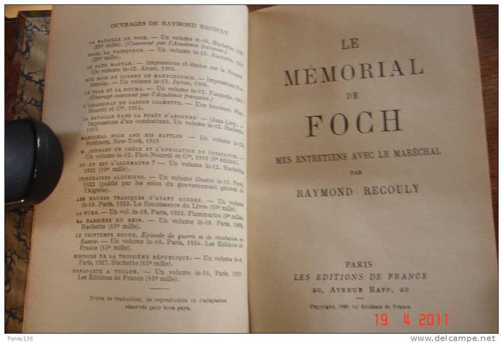 3le Mémorial De Foch",entretiens Avec Le Mal De19à28,Raymond Recouly,reliure Cuir,12,5x20 - Francese