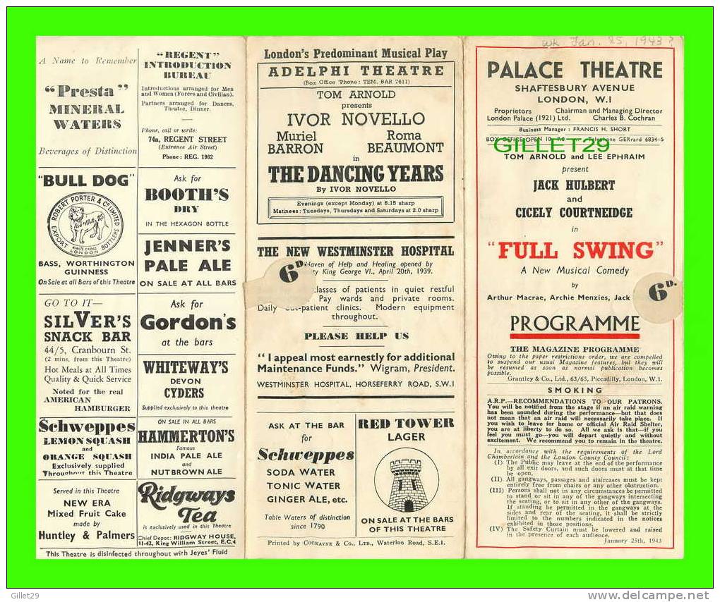 PROGRAMMES - PALACE THEATRE, LONDON, W.I. - JACK HULBERT & CICELY COURTNEIDGE IN FULL SWING, 1943 MUSICAL COMEDY - - Programmes