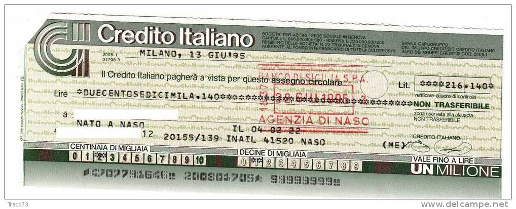 CREDITO ITALIANO  /   Assegno CIRCOLARE - Fino A Lire Un Milione - Andere & Zonder Classificatie