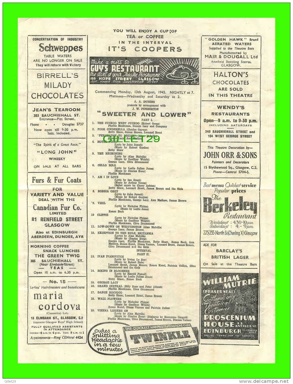 PROGRAMS - KING´S THEATRE, GLASGOW, SCOTLAND - SWEETER AND LOWER, 1945 - - Programmes