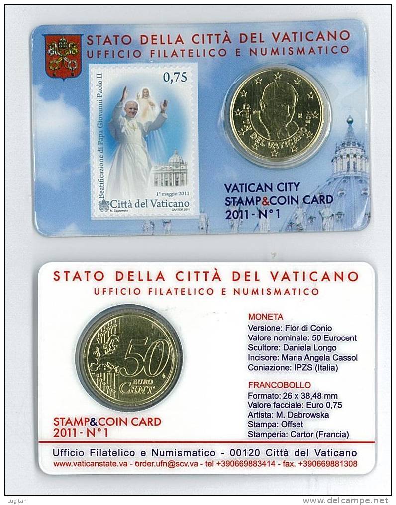 Numismatica STAMP & COIN CARD PER LA BEATIFICAZIONE DI PAPA GIOVANNI PAOLO II° - 1° MAGGIO 2011 - VATICAN CITY VATICANO - Vaticano (Ciudad Del)