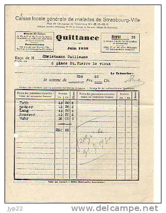 Quittance Caisse Locale Générale De Malades De Strasbourg Juin 1930 - Français/allemand Au Dos - Malade Maladie Assuré - Banque & Assurance