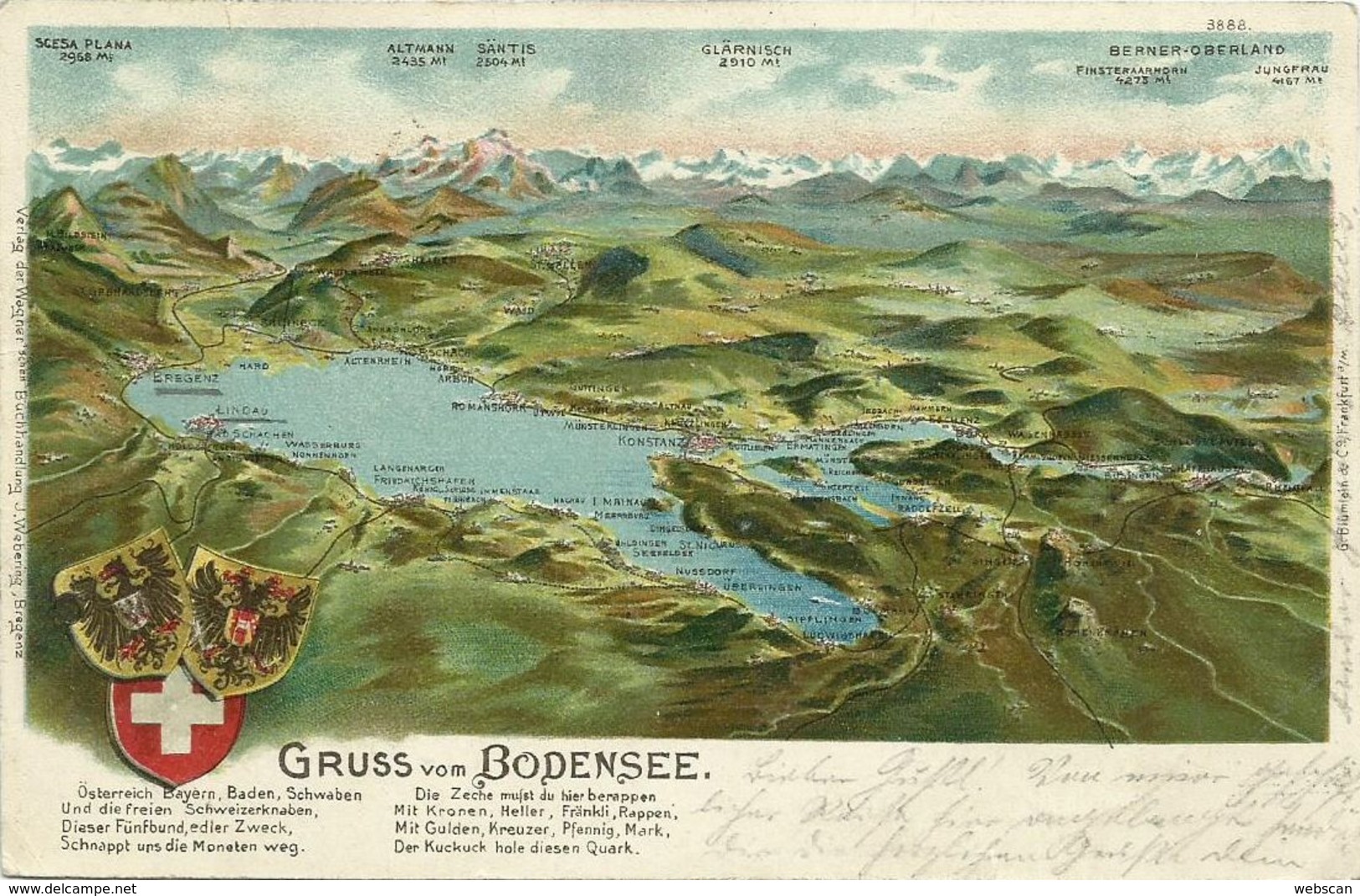 AK Bodensee Landkarte Farblitho 1904 + Nachgebühr-Marke CH #01 - Bregenz