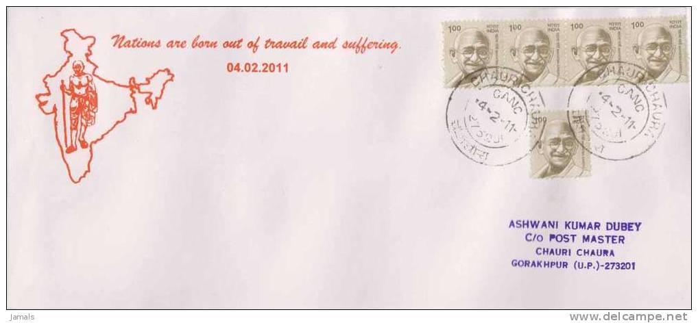 Mahatma Gandhi, Commercial Cover, Chauri Chaura Postmark 4-2-2011, India - Mahatma Gandhi