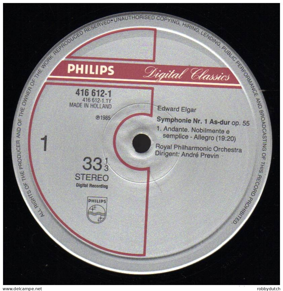 * LP *  ELGAR - SYMPHONIE No.1 - ANDRÉ PREVIN / ROYAL PHILHARMONIC ORCHESTRA (digital Rec. Ex!!!) - Klassiekers