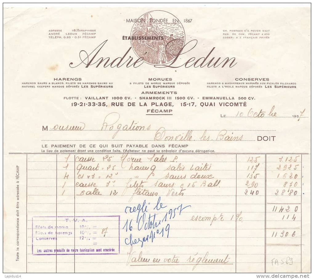 FA 589 /FACTURE ANCIENNE HARENGS  MORUES CONSERVES ANDRE LEDUN FECAMP - Invoices