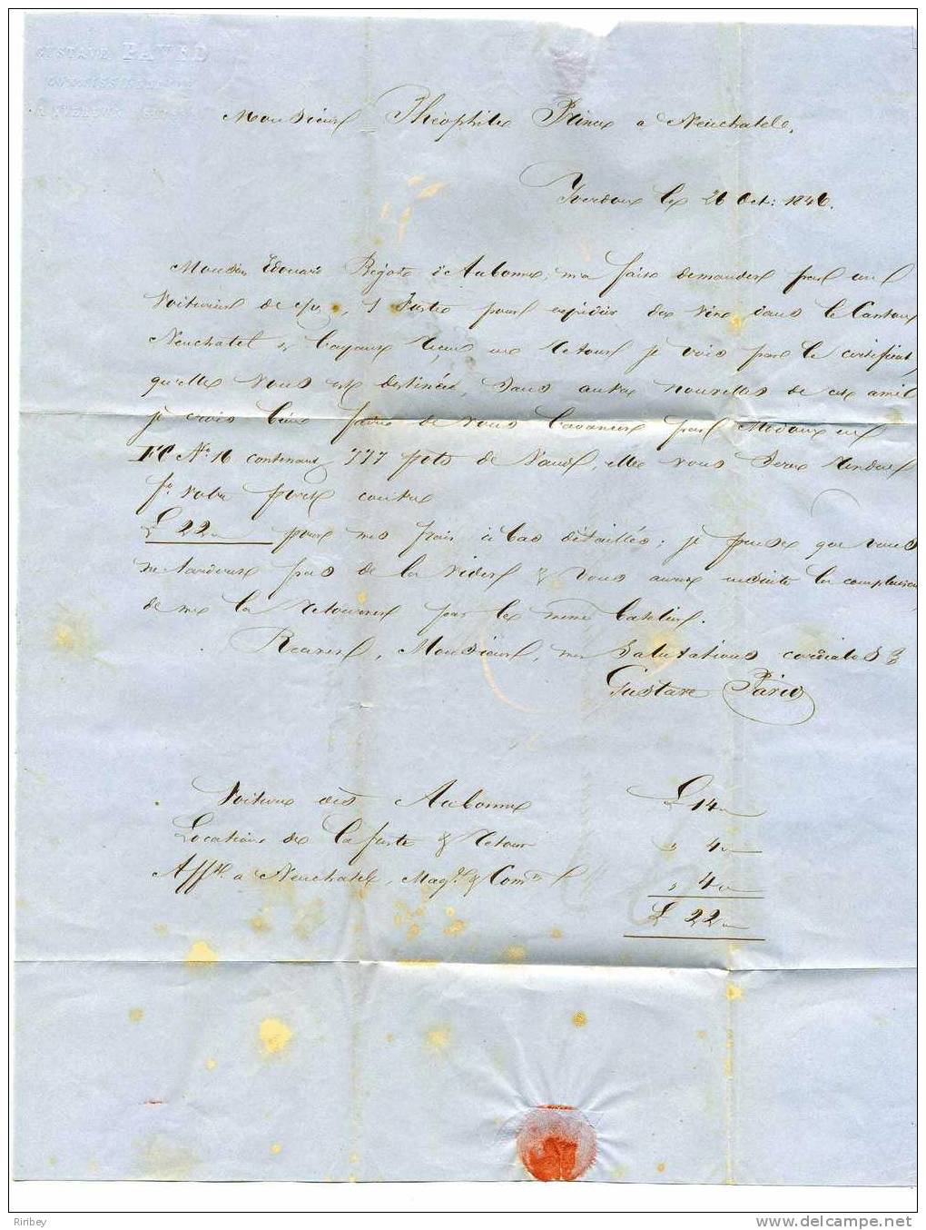 MP SUISSE  YVERDON  26 Octobre 1846 - Pour Neuchatel - ...-1845 Voorlopers