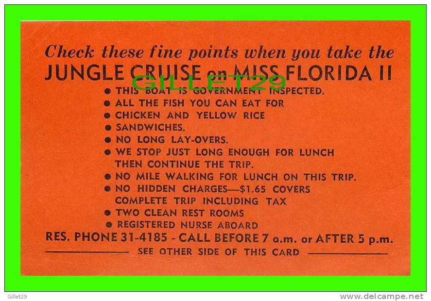 BOAT TICKET - JUNGLE CRUISE, LITTLE MANATE RIVER, ST PETERSBURG, FL.- BOAT MISS FLORIDA II - World