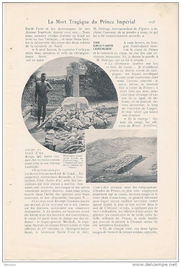 Feuillet Article De 1911   " La Mort Tragique Du Prince Impérial"  Par Son Précepteur Augustinn FILON - Historische Documenten