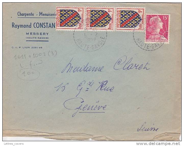 1957 Lettre Tarif FRONTALIER "MESSERY HAUTES SAVOIE" Pour GENEVE Avec Marianne MULLER + BLASON 1f - Lettres & Documents