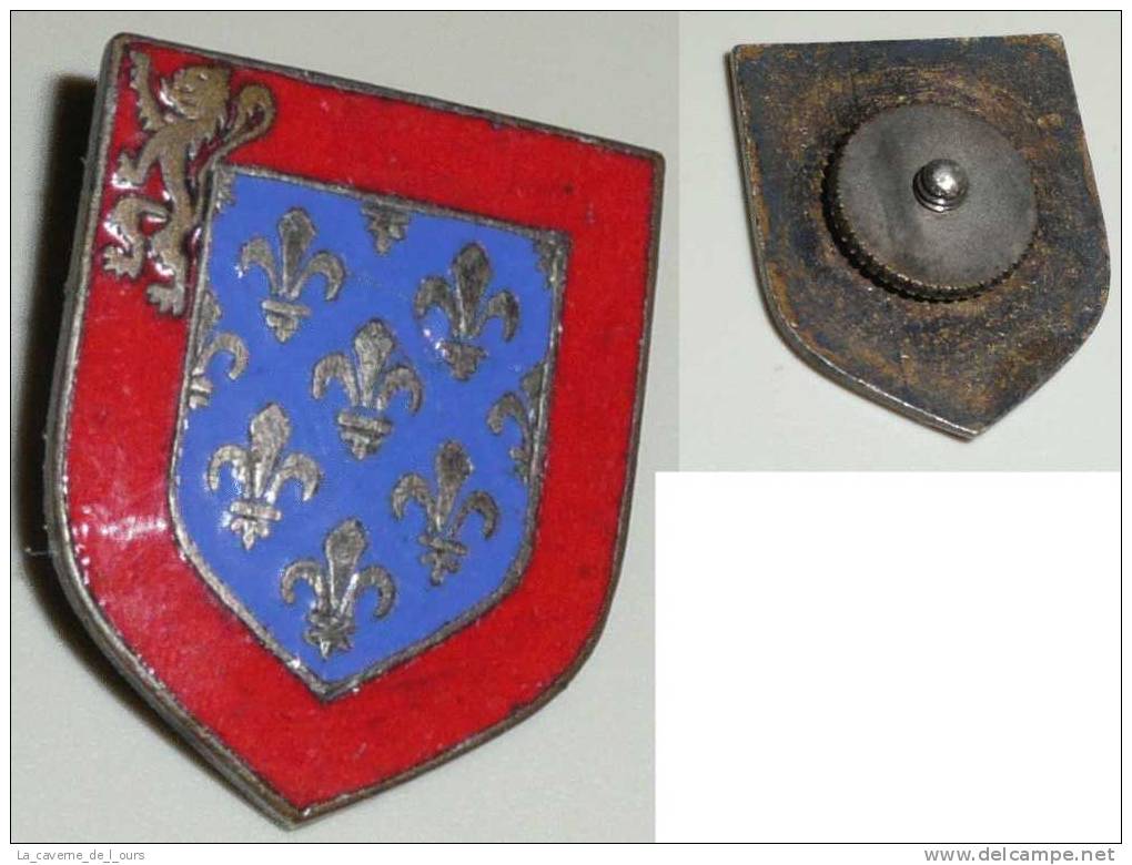 Rare ECUSSON Boutonnière, émaillé Rouge Et Bleu, émail, Fleurs De Lys, Lion Héraldique, Région - Obj. 'Remember Of'