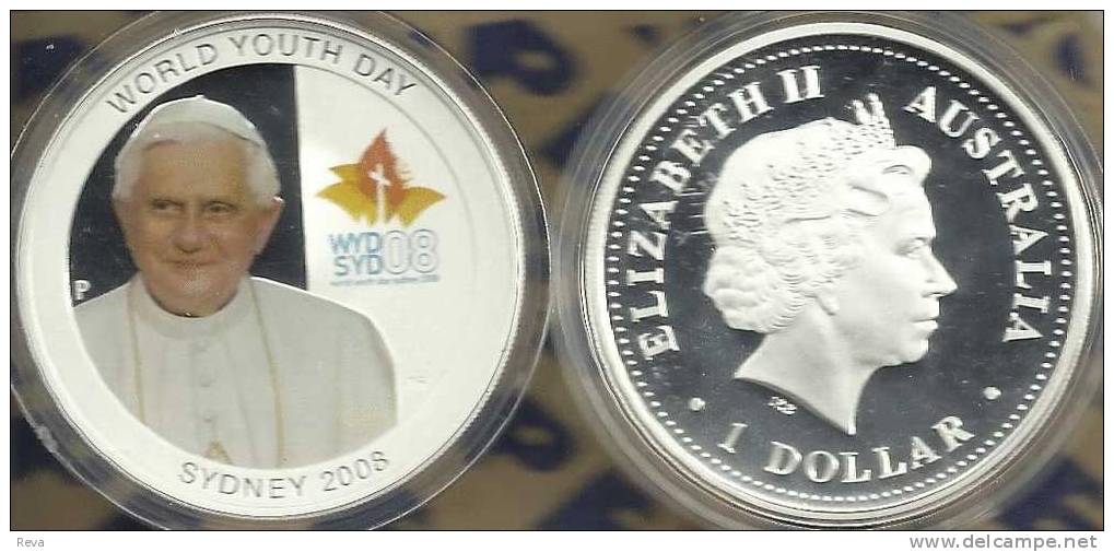 AUSTRALIA $1 WORLD YOUTH DAY POPE COLOUR FRONT QEII BACK 2008 1 YEAR TYPE SILVER PROOF NR READ DESCRIPTION CAREFULLY !!! - Other & Unclassified