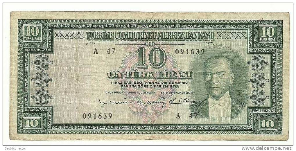 @@@ 10 Turkish Lira (TL)-1963-Serial# A47-091639-Condition: VG - Turchia