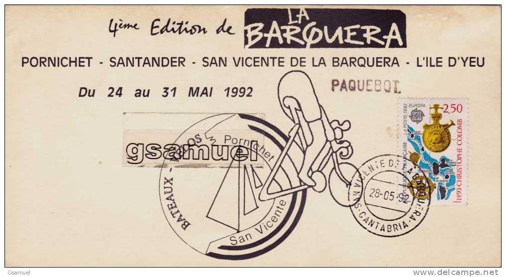 4ème Edition De La Barquera. Pornichet- Cachet (Paquebot). - Timbre Christophe Colomb. - Vélos - (voir Sca - Voile