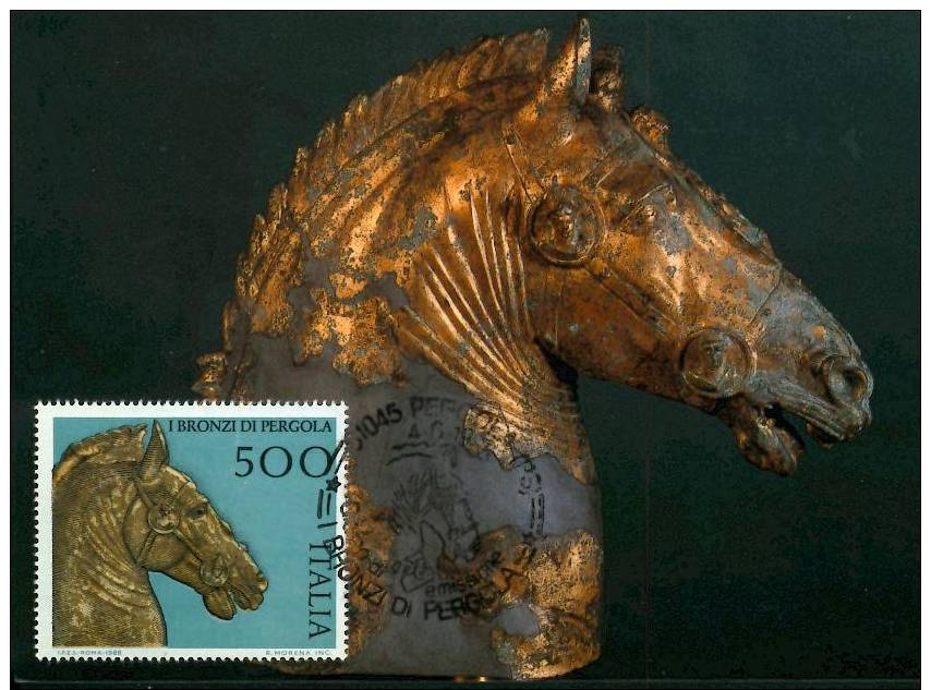 Italia, Maxicard, Maximum, Bronze Sculpture Of A Horse 4.6.1988,  Sculpture De Tete De Cheval, - Cartoline Maximum