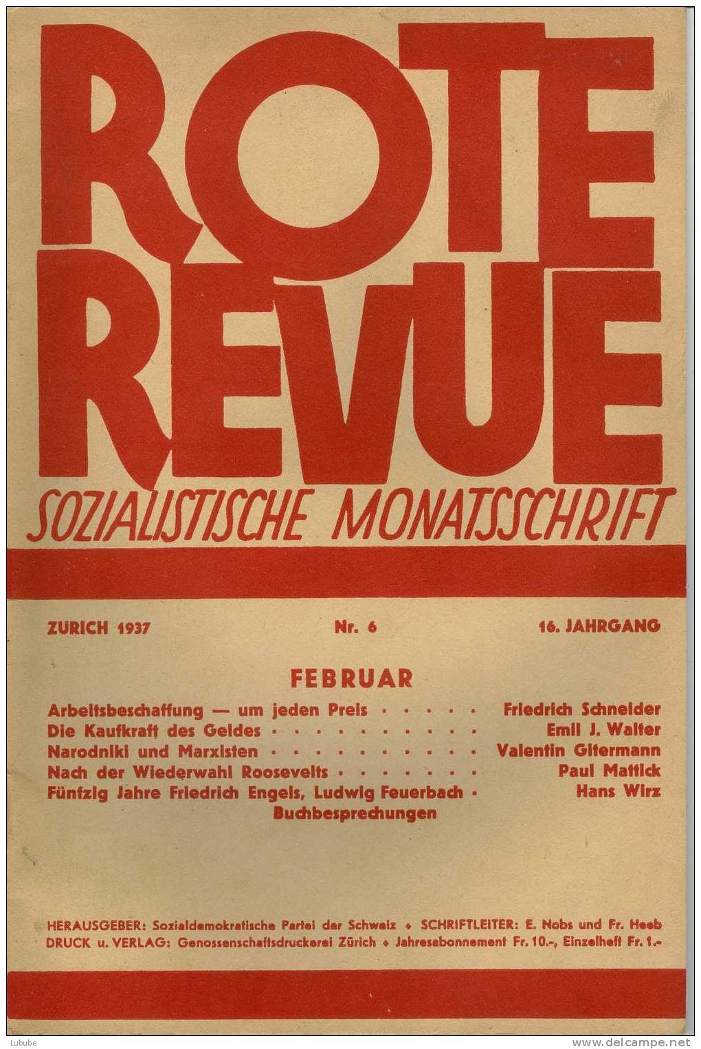 Rote Revue - Sozialistische Monatsschrift, Zürich         1937 - Politik & Zeitgeschichte