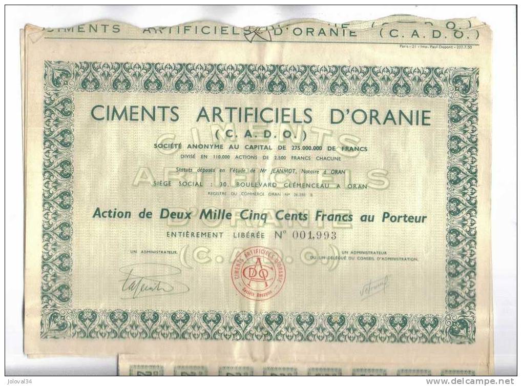 Action De 2500 Francs CIMENTS ARTIFICIELS D´ORANIE ( C A D O ) Oran Algérie - Autres & Non Classés