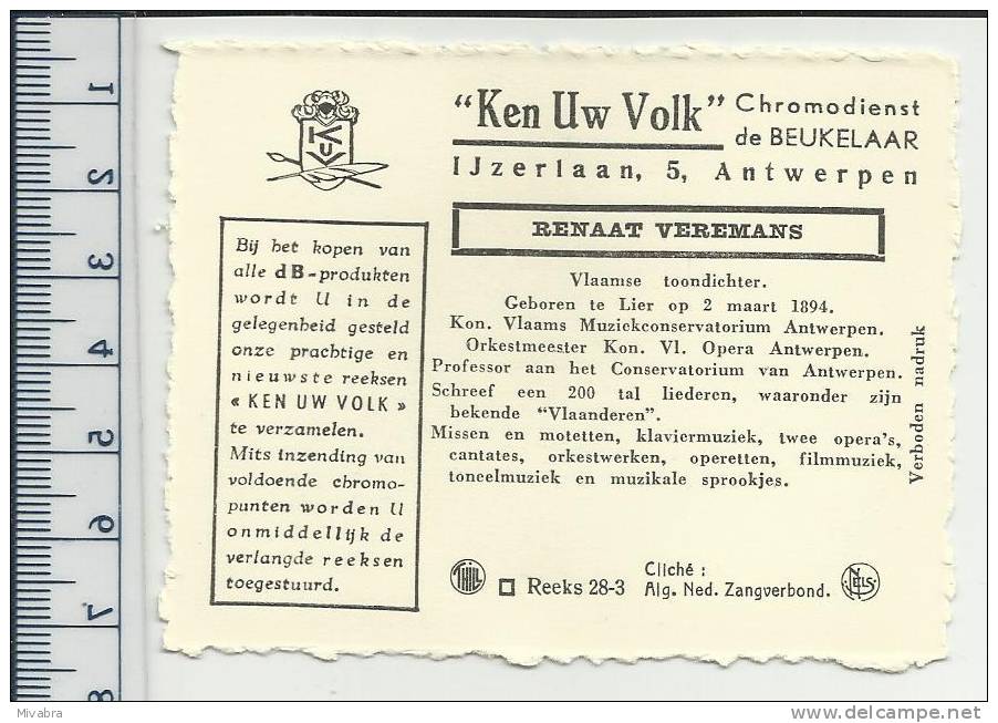 LIER - ANTWERPEN - RENAAT VEREMANS - VLAAMS TOONDICHTER - CHROMO DE BEUKELAAR - De Beukelaer