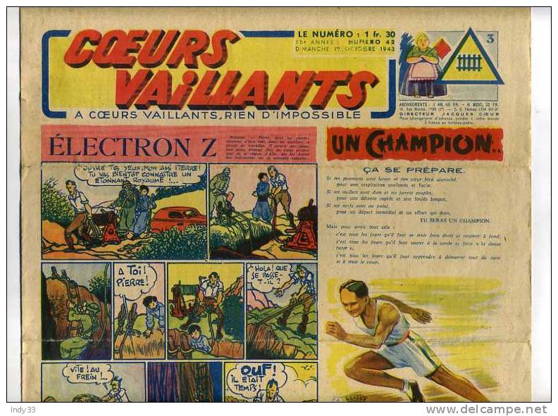 - COEURS VAILLANTS . N°42  1943 . AVEC TINTIN L´ETOILE MYSTERIEUSE EN FEUILLETON - Tintin