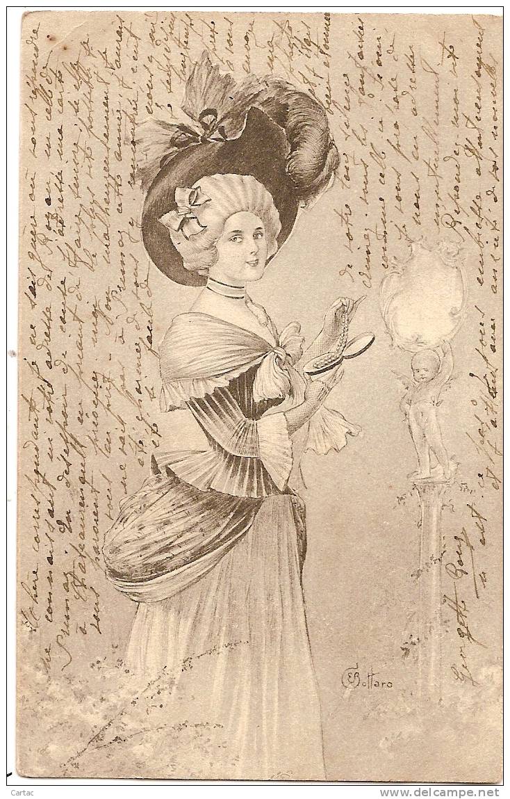 ILLUSTRATEUR - E. BOTTARO FEMME AVEC A LA MAIN COLLIER DE PERLES DEVANT MIROIR PIED ANGE - Bottaro