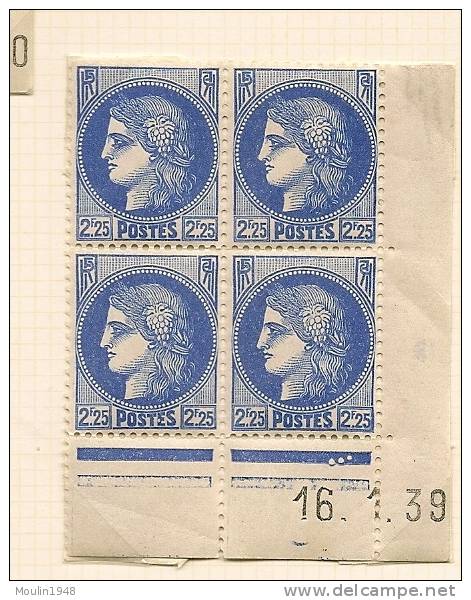 Bloc De 4  YT  374   Type  Ceres 2,25  Fr Outremer    Coin Daté  Du  16-1-39 - 1930-1939