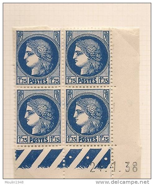Bloc De 4  YT  372 Type  Ceres 1,75  Fr  Bleu   Coin Daté  Du  24-1-38 - 1930-1939