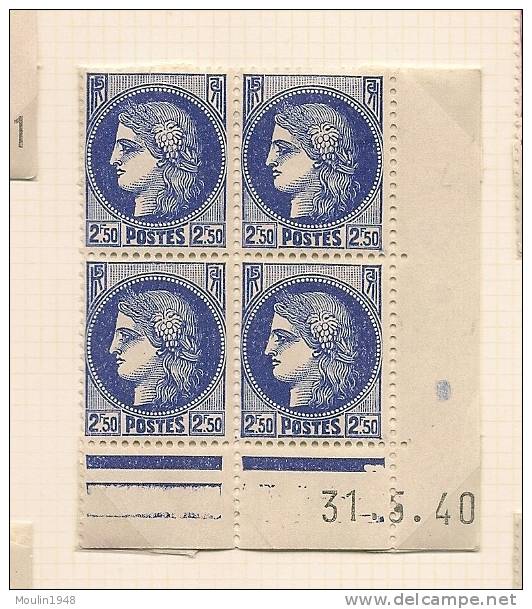 Bloc De 4  YT  375a  Type  Ceres 1,75  Fr  Bleu   Coin Daté  Du  31-5-40 - 1930-1939