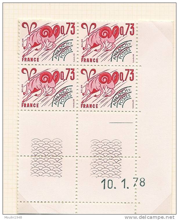 Bloc De 4  YT 151 Type  Zodiaque   Préoblitété   0,73 Fr Belier Coin Daté  Du   10-1-78 - Precancels