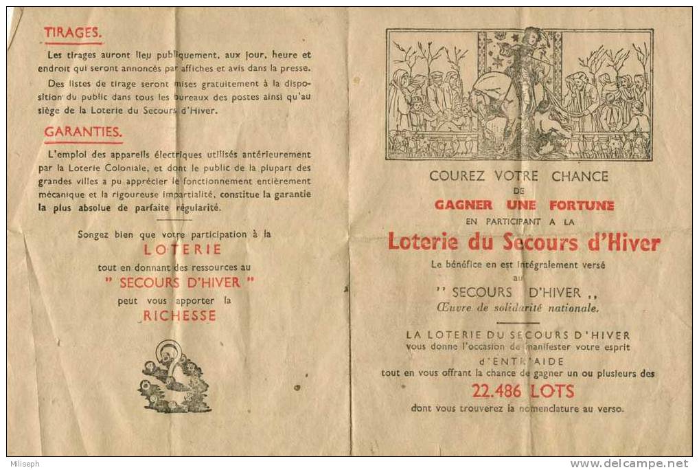 Publicité Pour La LOTERIE DU SECOURS D'HIVER (Loterie Nationale) Période 01/1941 à 09/1944 - Lotterielose