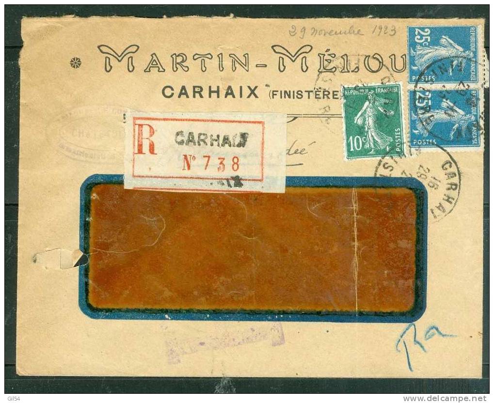 Lettre Recommandée De Carhaix Affranchie à 60 Centimes En Novembre 1923 - Lo26313 - 1906-38 Semeuse Con Cameo