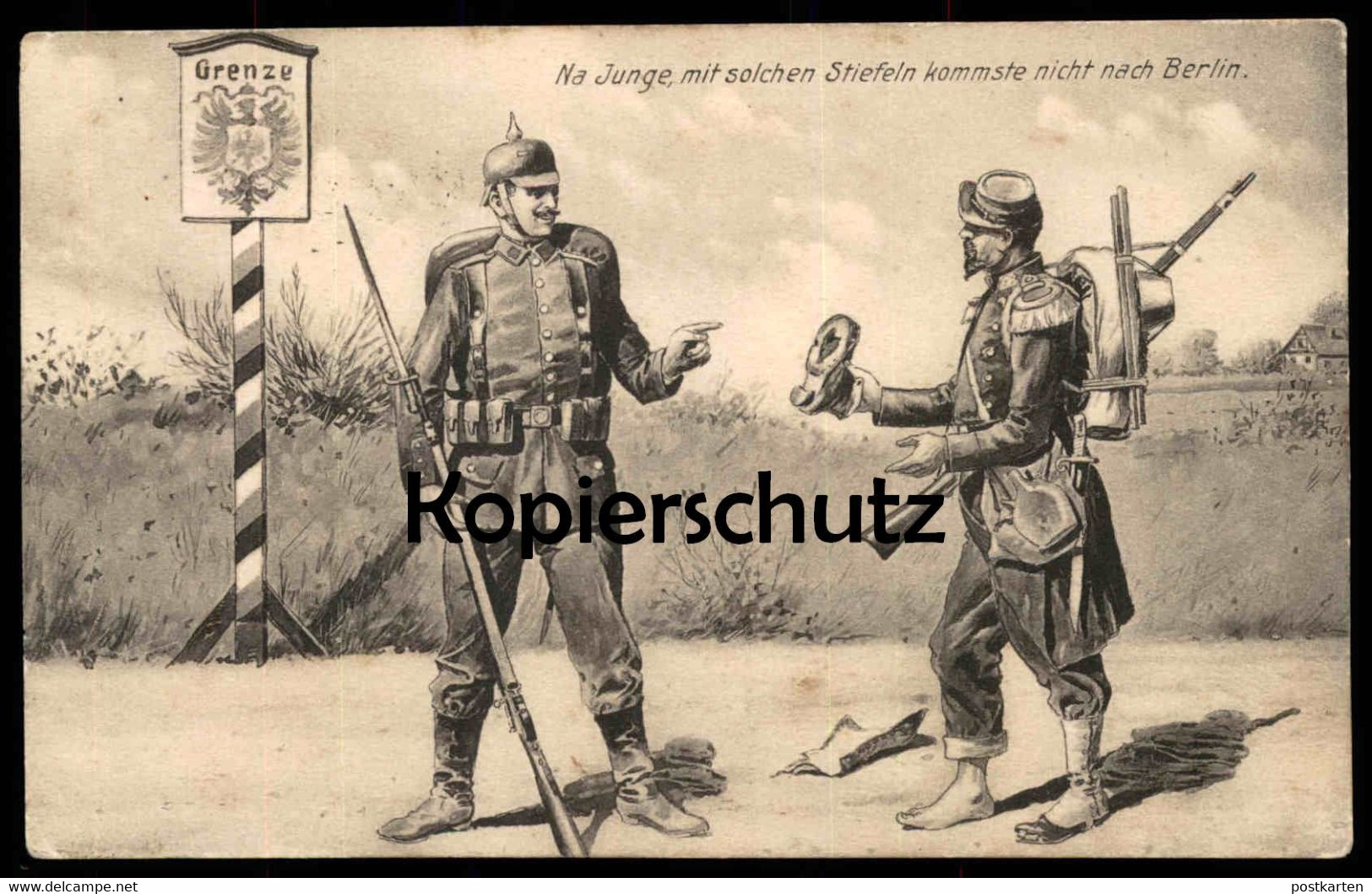 ALTE POSTKARTE SOLDATEN GRENZE BERLIN HUMOR Uniform Soldat Stiefel Botte Boot Border Humour Soldier Uniforme Feldpost AK - Matériel