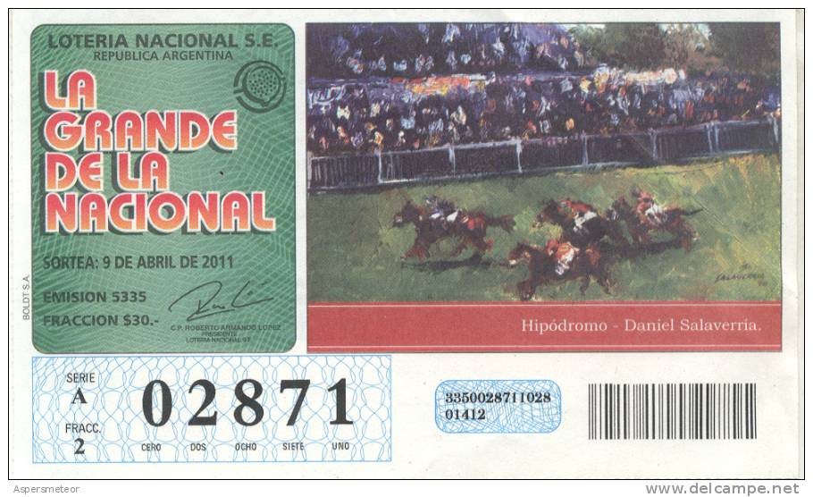 HIPODROMO PINTURA DE DANIEL SALAVERRIA LOTERA NACIONAL REPUBLICA ARGENTINA LOTTERY TICKET HIPISMO - Billetes De Lotería