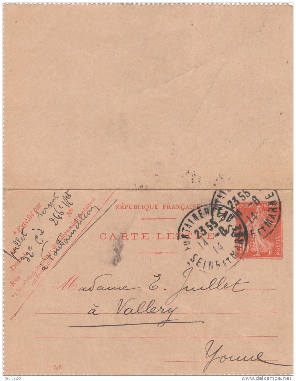 Carte Lettre  CL  Type Semeuse 10 C          14/08/1914 - Kaartbrieven