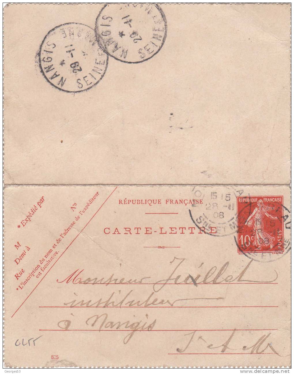 Carte Lettre  CL  Type Semeuse 10 C   8/11/1908 - Kaartbrieven