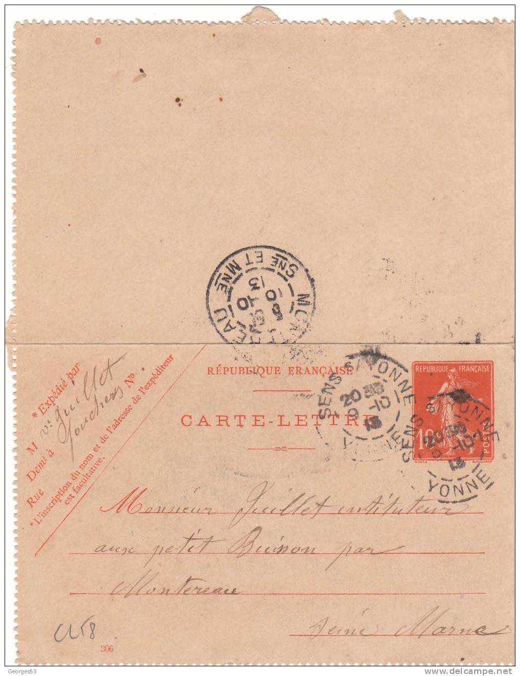 Carte Lettre CL  Type Semeuse 10 C   09/10/1913 - Kaartbrieven