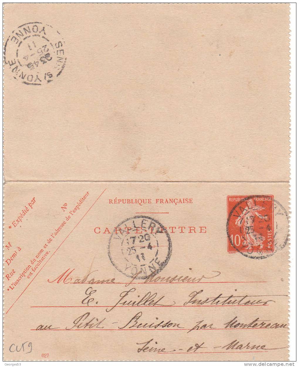 Carte Lettre CL  Type Semeuse 10 C   25/04/1911 - Kaartbrieven