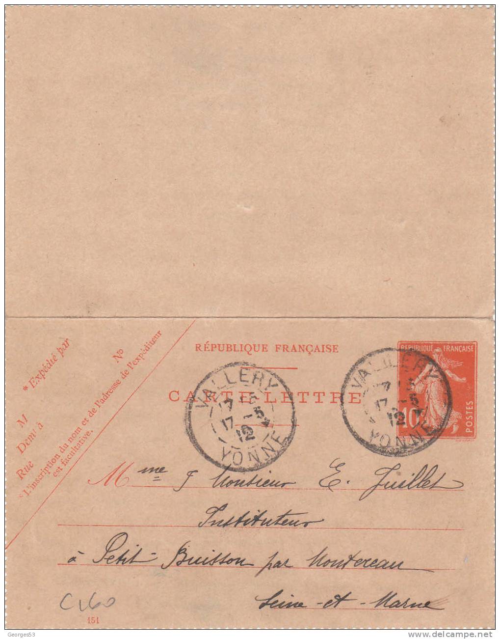 Carte Lettre CL  Type Semeuse 10 C   17/05/1912 - Kaartbrieven