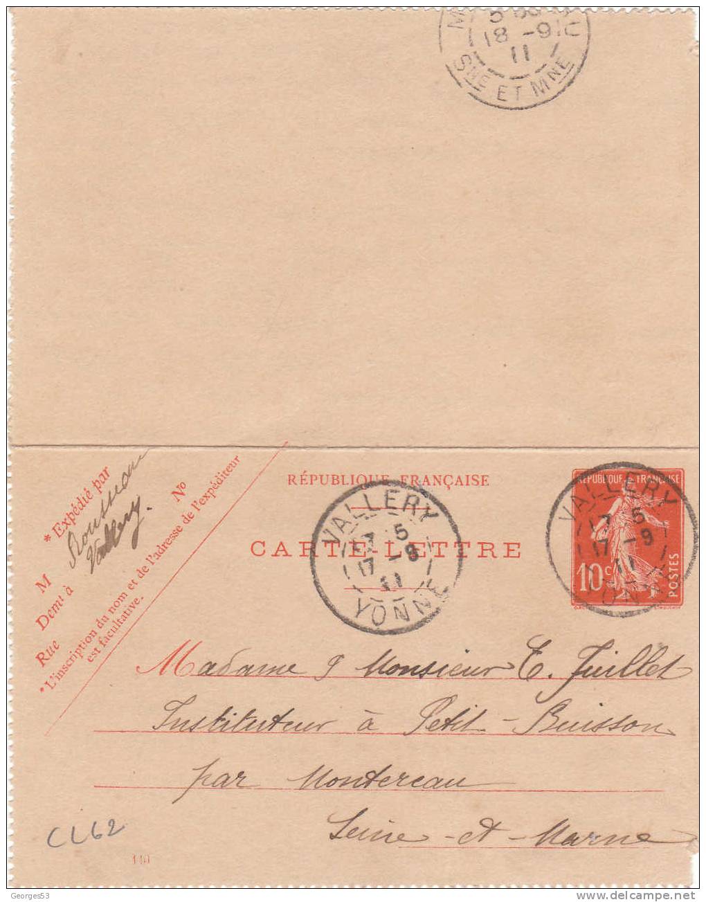 Carte Lettre CL  Type Semeuse 10 C   17/09/1911 - Kaartbrieven