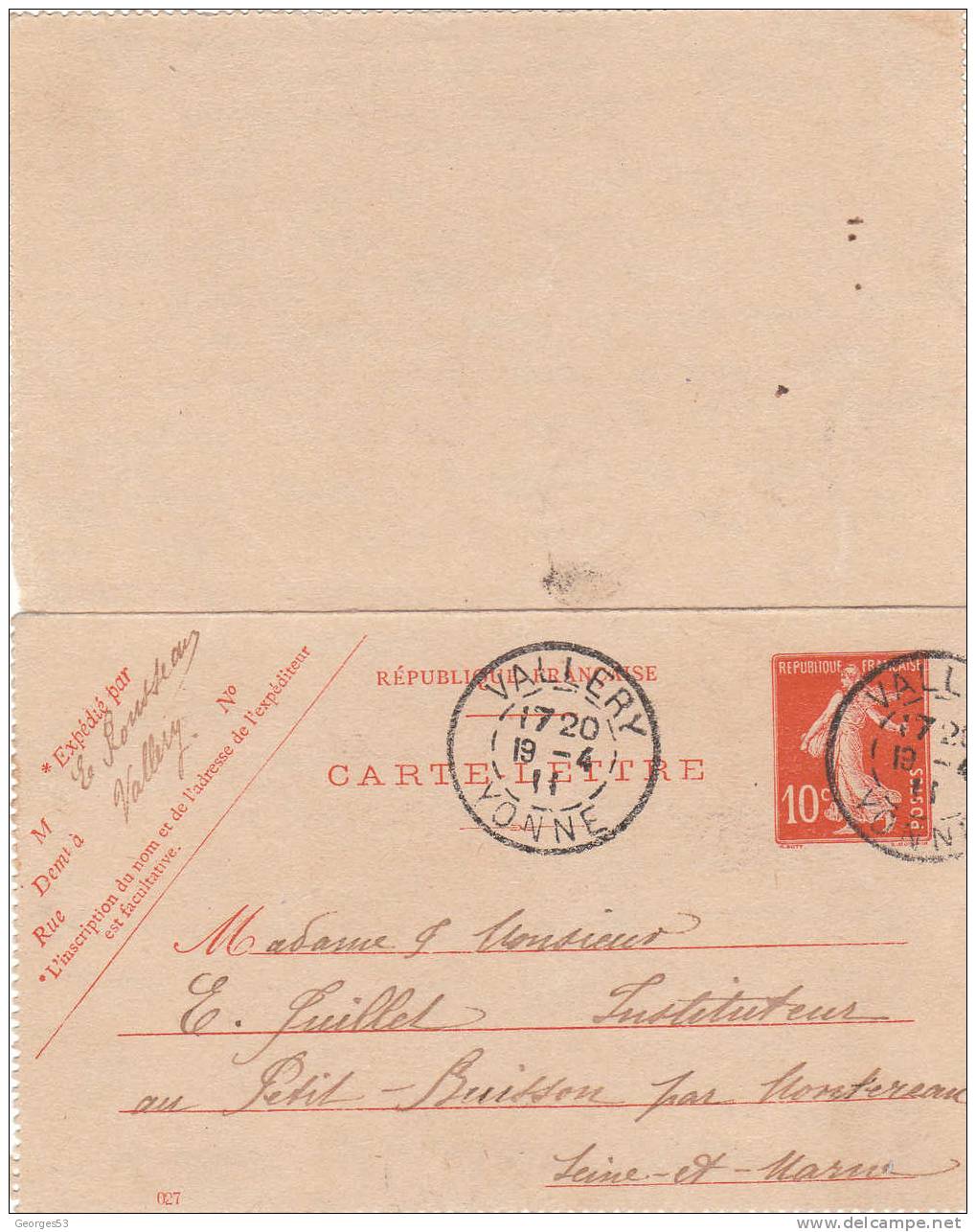 Carte Lettre CL  Type Semeuse 10 C   19/04/1911 - Kaartbrieven