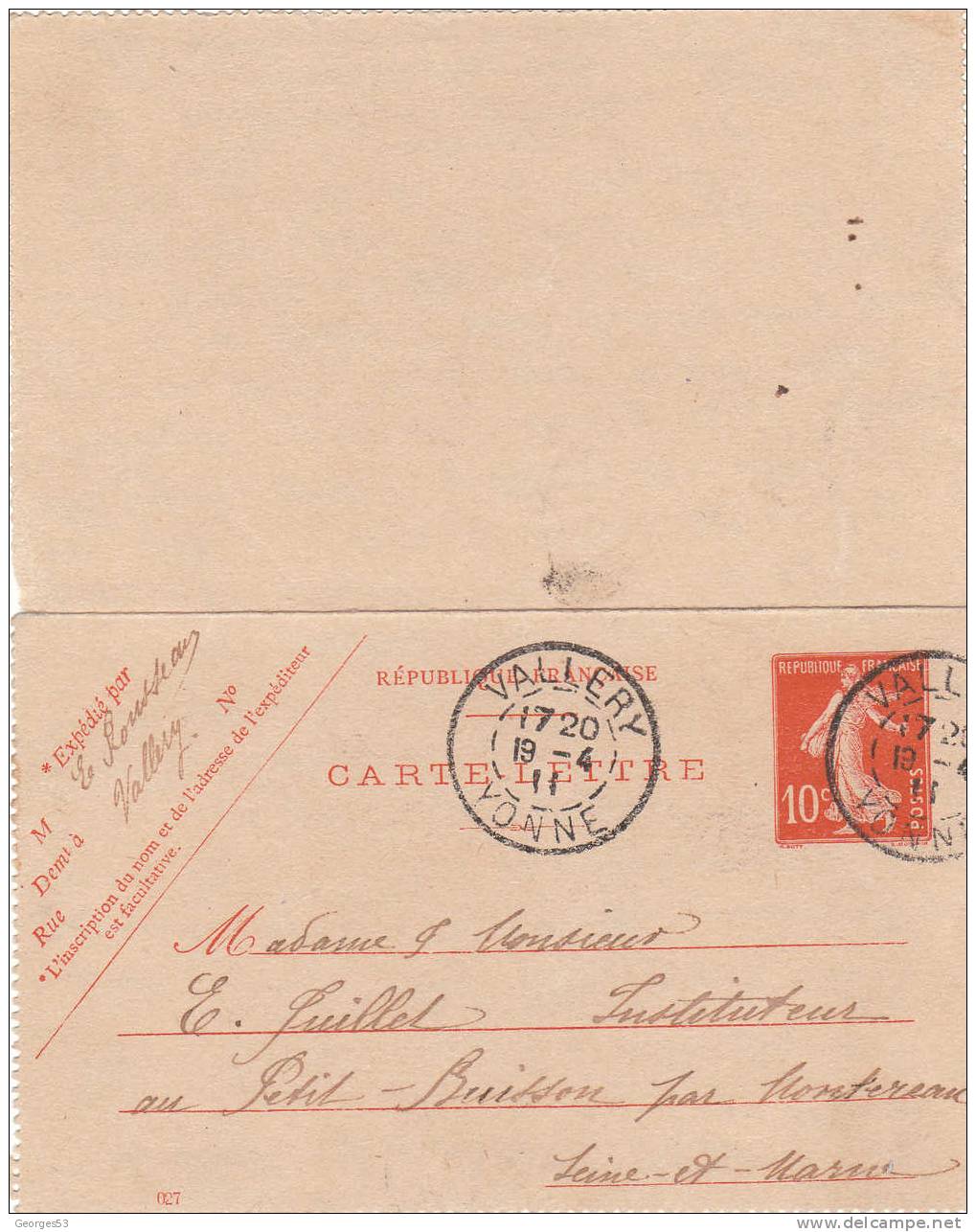 Carte Lettre CL  Type Semeuse 10 C   19/04/1911 - Cartes-lettres