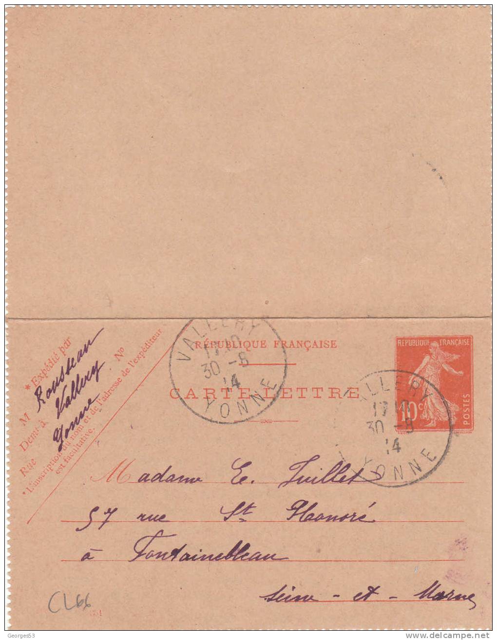 Carte Lettre CL  Type Semeuse 10 C       30/08/1914 - Cartes-lettres