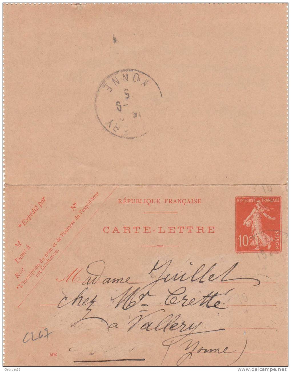 Carte Lettre CL  Type Semeuse 10 C       14/09/1915 - Kaartbrieven