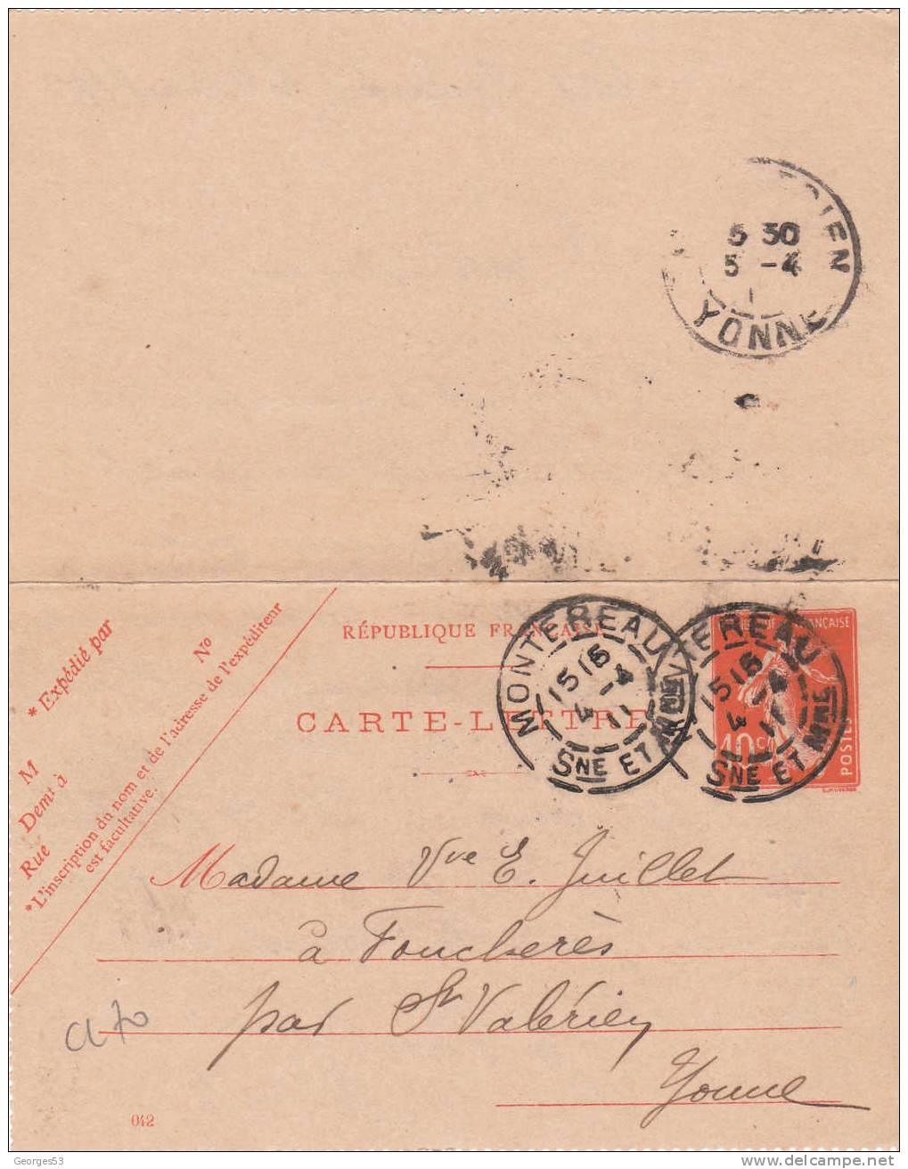 Carte Lettre CL  Type Semeuse 10 C       04/04/1911 - Kaartbrieven