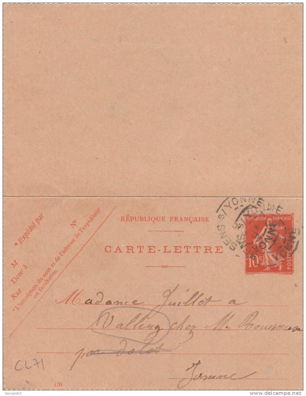 Carte Lettre CL  Type Semeuse 10 C       04/03/1915 - Cartes-lettres