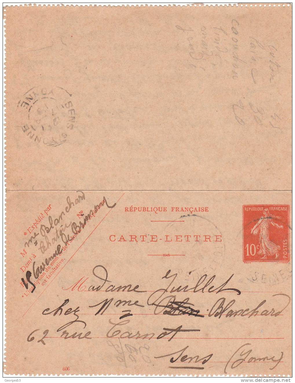 Carte Lettre CL  Type Semeuse 10 C      16/09/1916 - Kaartbrieven