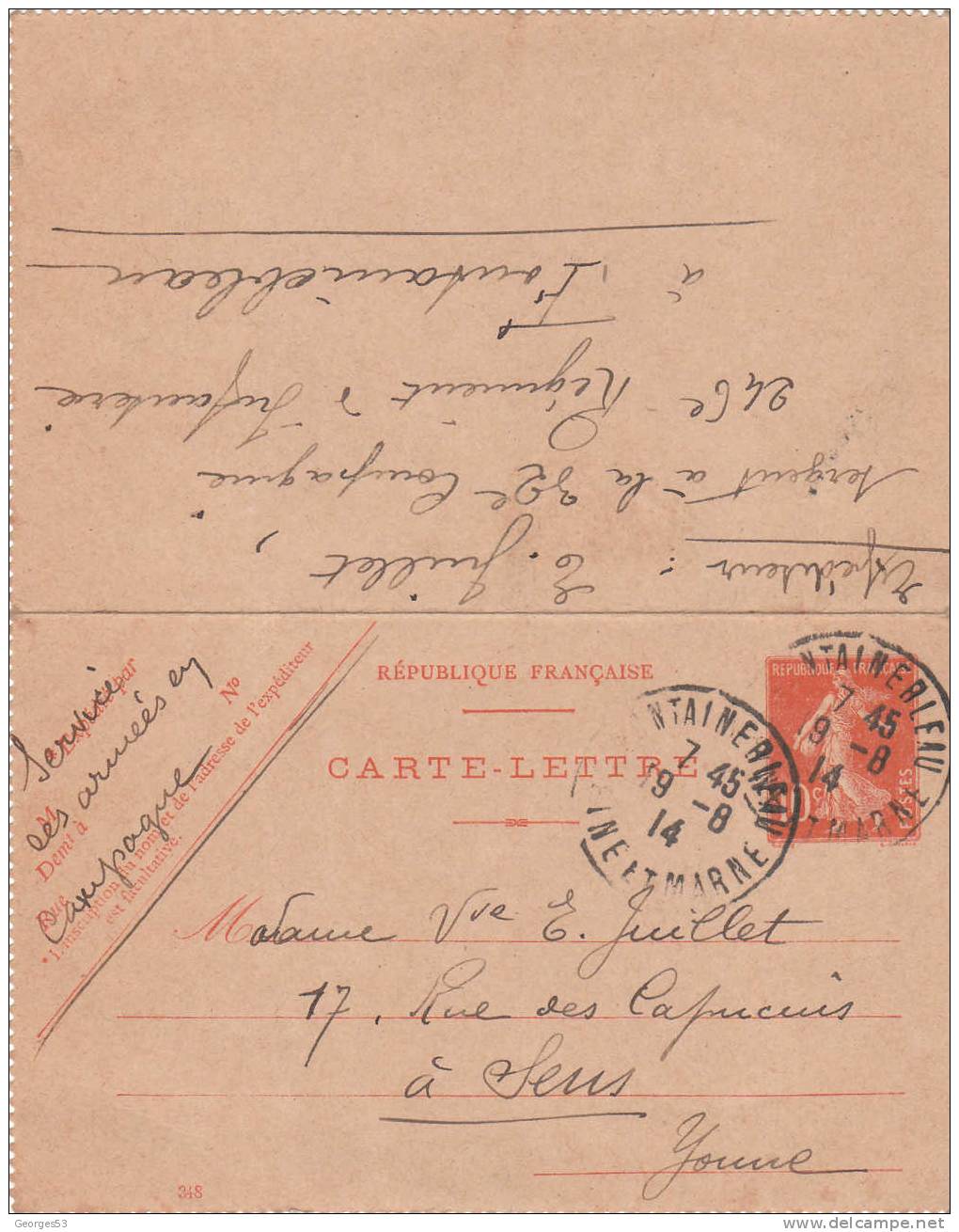 Carte Lettre CL  Type Semeuse 10 C      19/08/1914 - Kaartbrieven