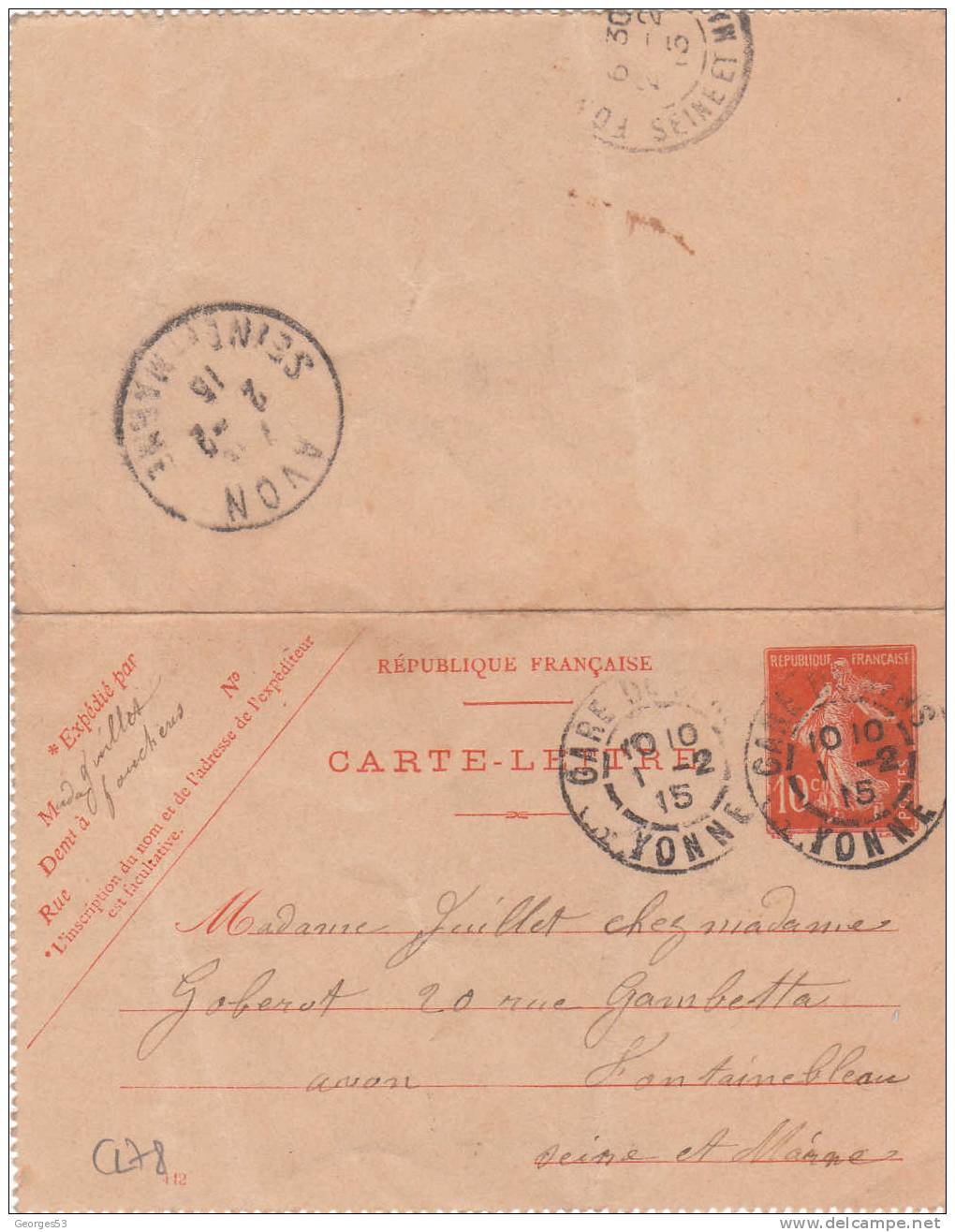 Carte Lettre CL  Type Semeuse 10 C      01/02/1915 - Kaartbrieven