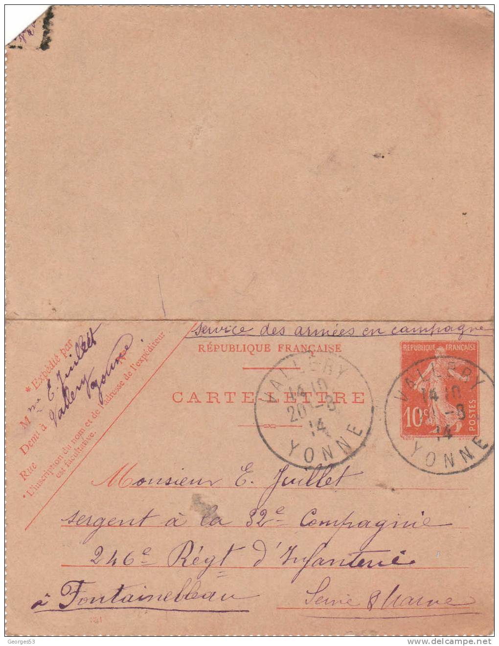 Carte Lettre CL Type Semeuse  10 C         20/08/1914 - Kaartbrieven