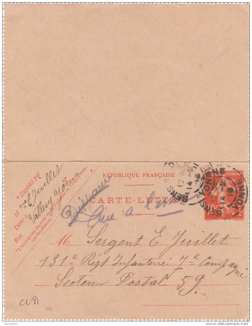 Carte Lettre CL Type Semeuse  10 C         14/02/1915 - Kaartbrieven